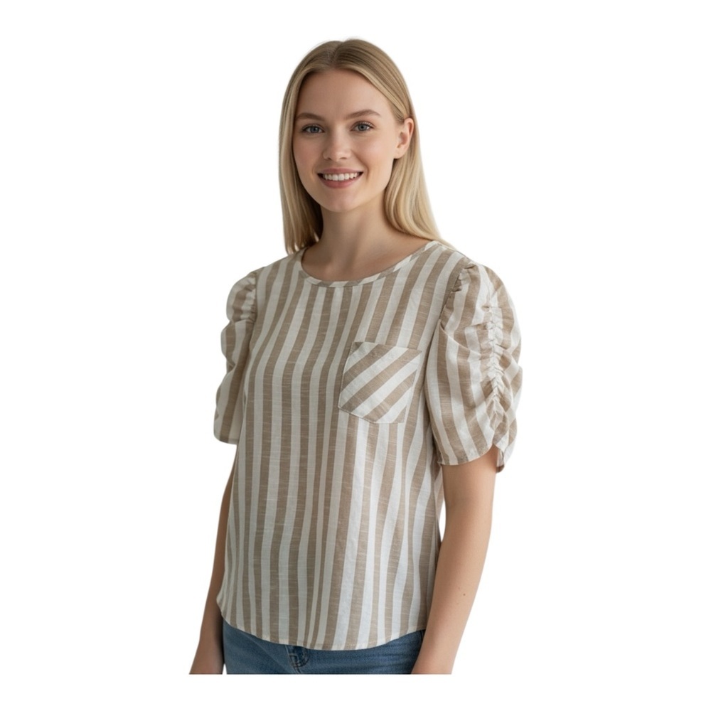 Jennifer‎ & Grace Striped Blouse, Button Back, 100% Cotton, Tan & White, Large